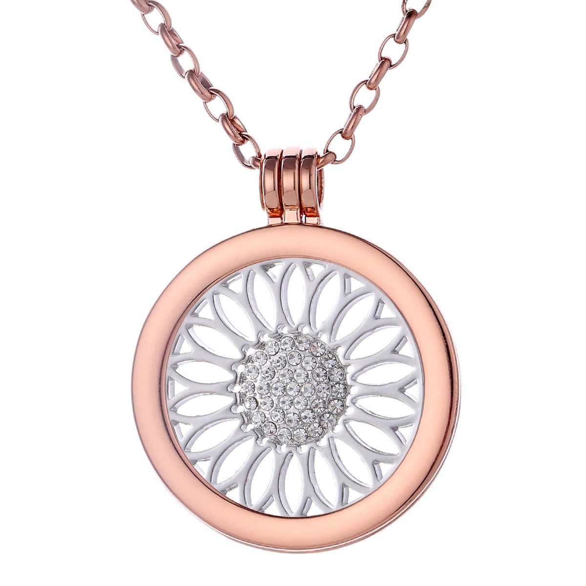 Morella Women Necklace 70 cm 27.5" Rose Golden Stainless Steel with Amulet and Coin 33 mm 1,3" Sunflower Silver in Velvet Bag