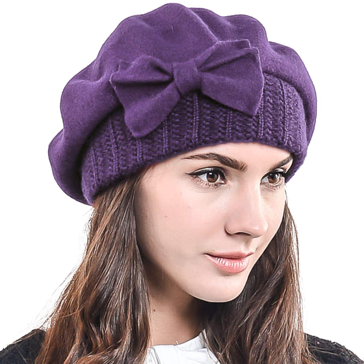 HISSHE Lady French Beret 100% Wool Beret Knit Beanie Winter Hat HY022 (Purple)(Size: M)