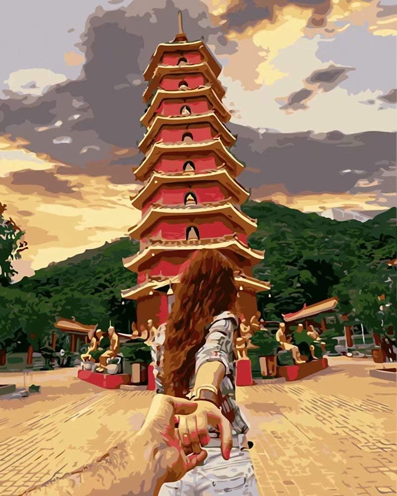 DIY Oil Painting Drawing with Brushes Paint, Paint by Number Kit for Adults Tower Lovers Hand Love Decoration 40x50CM