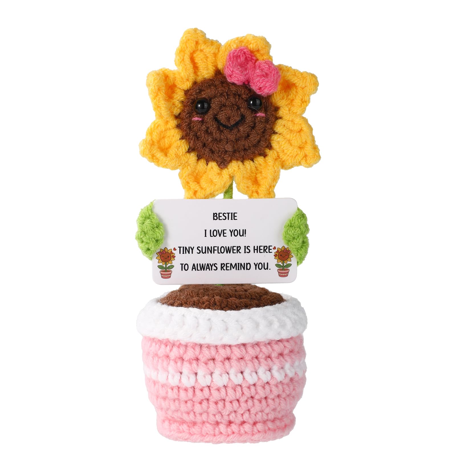 TOYMIS Positive Sunflower Crochet, 5.12 Inch Height Handmade Crocheted Potted Sunflower with Inspirational Card Cute Knitted Flowers Emotional Support Doll for Office Home Encouragement Gift (Bestie)