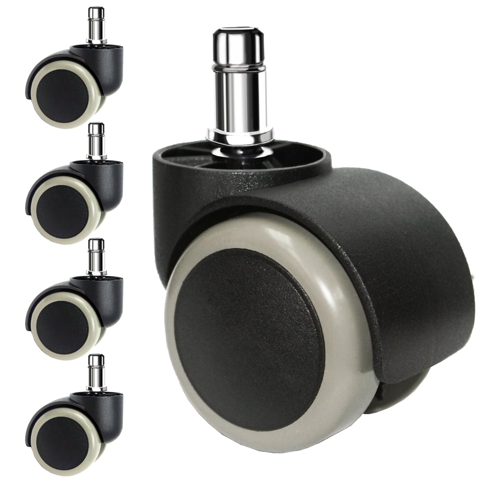Photo 1 of FOH 2" Office Chair Casters Wheels Set of 5, Floor Protecting Universal Fit Standard Size Castor Wheels, Heavy Duty Office Wheels Replacement for Office Furniture (Black + Grey, 10mm Stem)