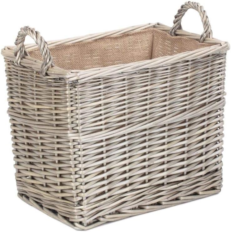 Small Rectangular Hessian Lined Wicker Log Storage Basket, Rattan