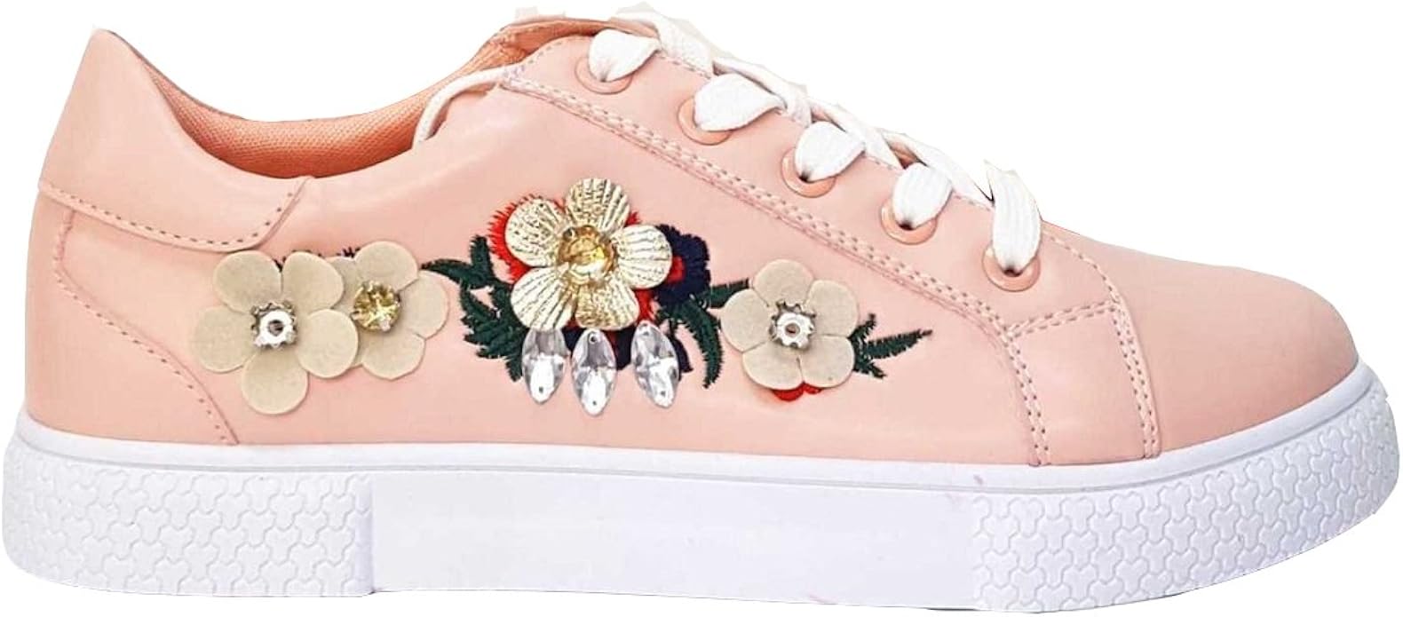 New Women's Floral Flower Embroidered Rose Pink Lace Up Trainers