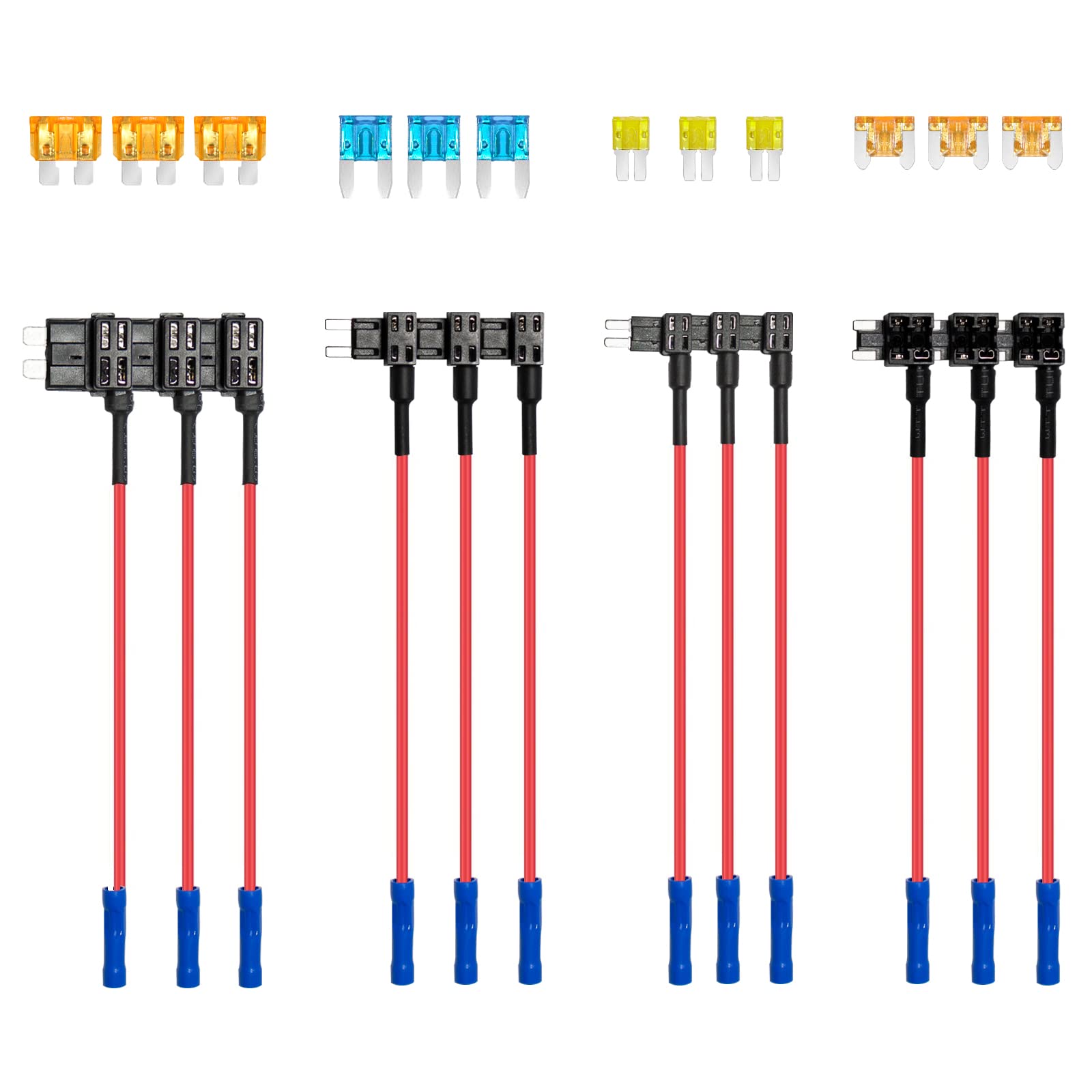 Photo 1 of 4 Types 12V Add-a-Circuit Adapter and Fuse Kit - Standard Mini Micro2 and Low Profile Mini Fuse Taps ATO ATC ATM APM Fuse Holder with Tap Adapter for Cars Trucks Boats (12 Pack)