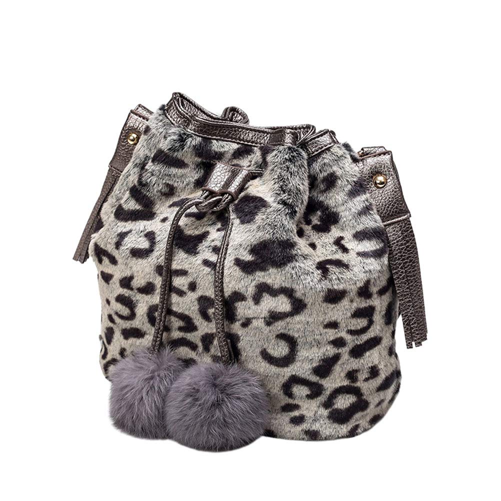 VALICLUD Grey Leopard Print Soft Handbag Fashion Fluffy Shoulder Bag Pompon Bucket Bag Creative Crossbody Drawstring Bag for Girls Lady Woman