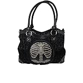 Lost Queen Black Goth Steampunk Flocked Ribcage Skeleton Cameo Handbag Shoulder Bag, Large