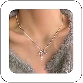 Erimberate Bohemian Bow Heart Choker Necklace Pink Crystal Heart Pendant Necklace Silver Bow Tie Sleek Chain Necklace Round Snake Bone Chain Necklace Jewelry for Women