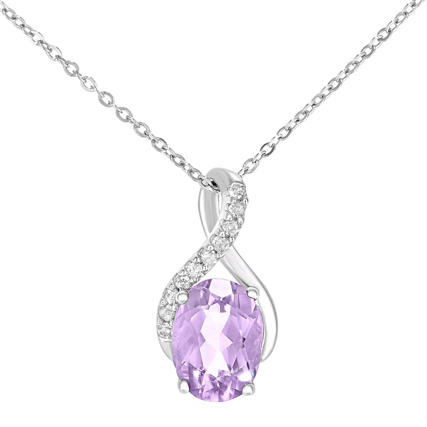 Naava 9ct White Gold Oval Amethyst and Diamond Twist Pendant Necklace of 46cm
