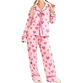 Thopavenoir Valentine's Day Pajamas Set for Women Tie Long Sleeve Heart Button Down Cropped Shirt Wide Leg Pants Satin Pj Set