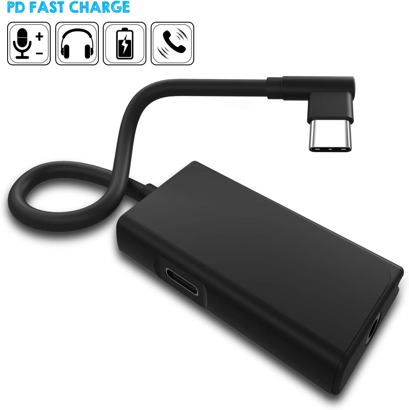 USB C to 3.5mm Headphone Audio Adapter, DISDIM 2 in 1 Right Angled USB-C to 3.5mm Auxiliary Jack and Type C PD Fast Charging Splitter Cable Compatible with Google Pixel 3/2/ XL/iPad Pro 2018
