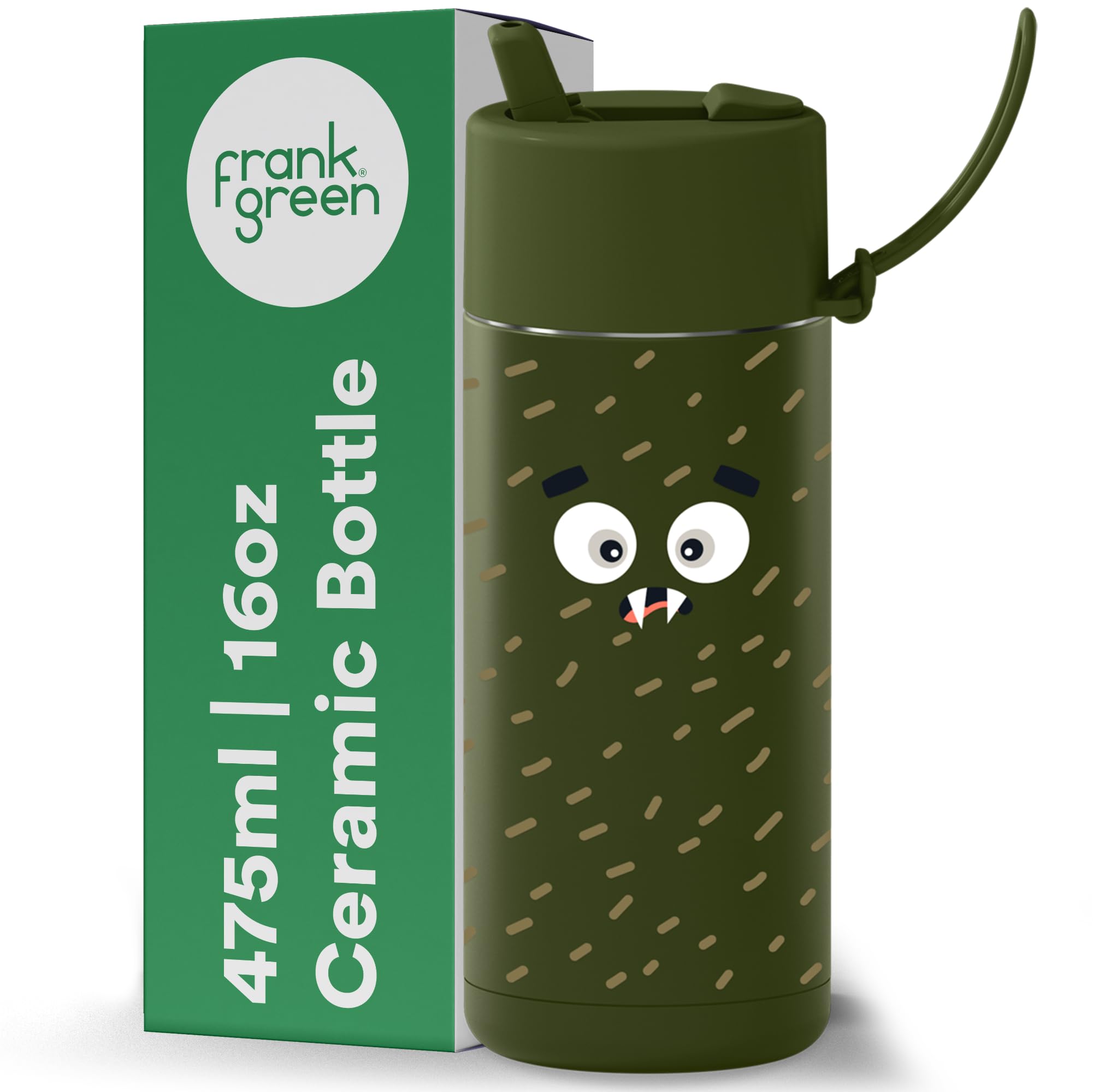 frank green Reusable Cup with Flip Straw Lid, Frankster Drinks Bottle for Kids, Spill and Leak-Resistant, Ceramic Lined - Scout, Khaki 16oz