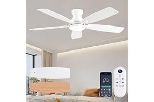 JSAITEE Ceiling Fans with Lights, 52 Inch Low Profile Ceiling Fan with Light and Remote Control, Flush Mount, DC Reversible Motor, Noiseless, White 6 Speeds Ceiling Fan for Bedroom