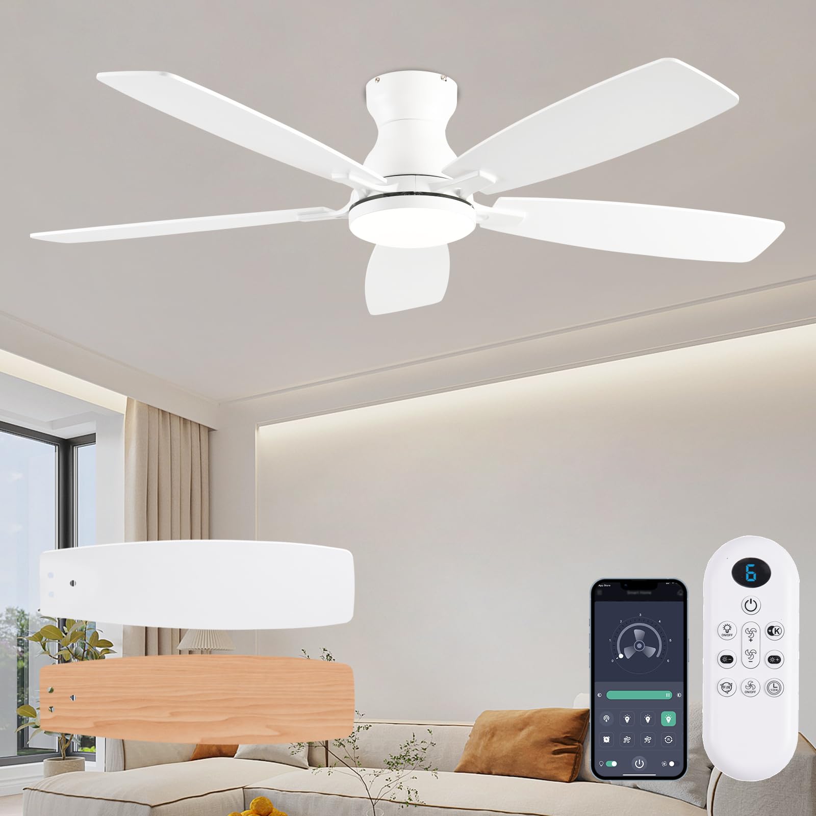 Photo 1 of JSAITEE Ceiling Fans with Lights, 52 Inch Low Profile Ceiling Fan with Light and Remote Control, Flush Mount, DC Reversible Motor, Noiseless, White 6 Speeds Ceiling Fan for Bedroom