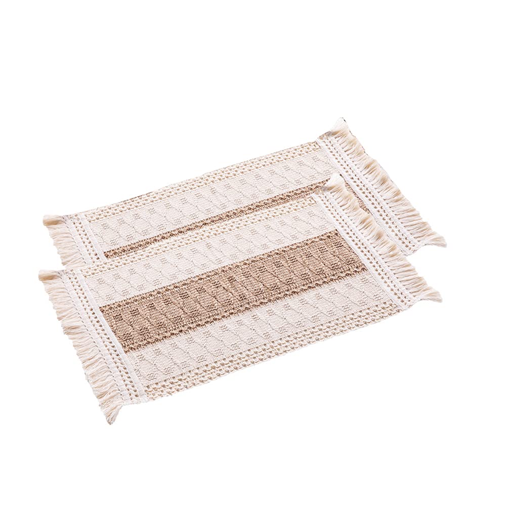 Bohemian Woven Cotton and Linen Placemats with Tassels, Washable Place Mats, Table Set, Table Decoration for Home, Kitchen, Restaurant, Hotel, Rustic Boho Wedding Decoration, Pack of 2, Beige