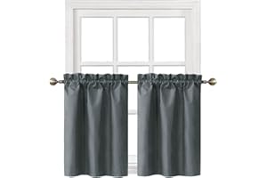 Home Queen Blackout Rod Pocket Tier Curtains for Small Bathroom Window, Short Room Darkening Kitchen Curtains, Cafe Drapes, 2