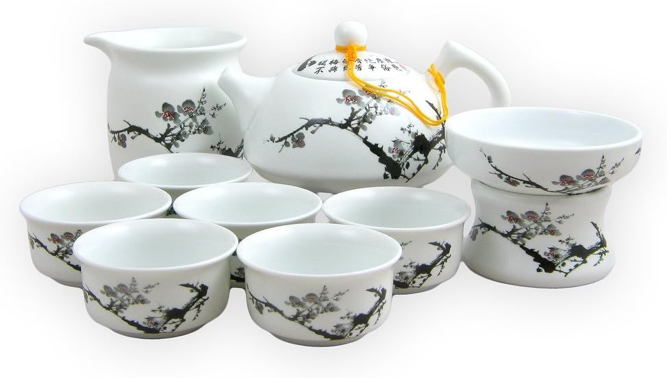Hand Painted Boxed Chinese Ting Ware Porcelain Infuser Tea Set Plum Blossom Design Tea for 6 Teapot Set - 1 Teapot, Hot Water Jug, Strainer and Teapot Stand With 6 Cups