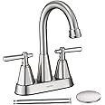Brushed Nickel Bathroom Sink Faucet, SBOSBO 4 Inch Bathroom Faucet for Sink 3 Hole, 2 Handle Sink Faucet with Pop Up Drain Assembly and 2 Water Supply Hoses for RV Bathroom Vanity
