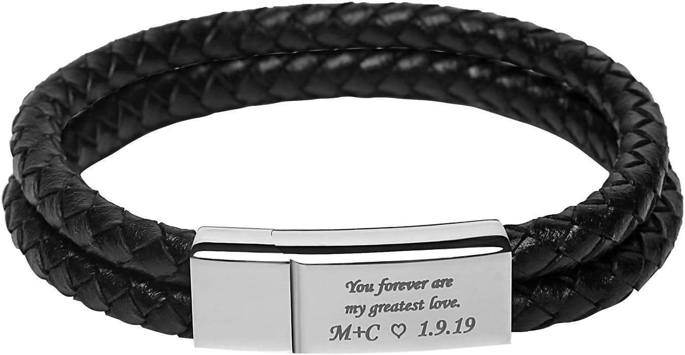 RESVIVI Men's Engraved Personalized Bracelet Stainless Steel and Black Leather Custom ID Any Name Initials Bracelet