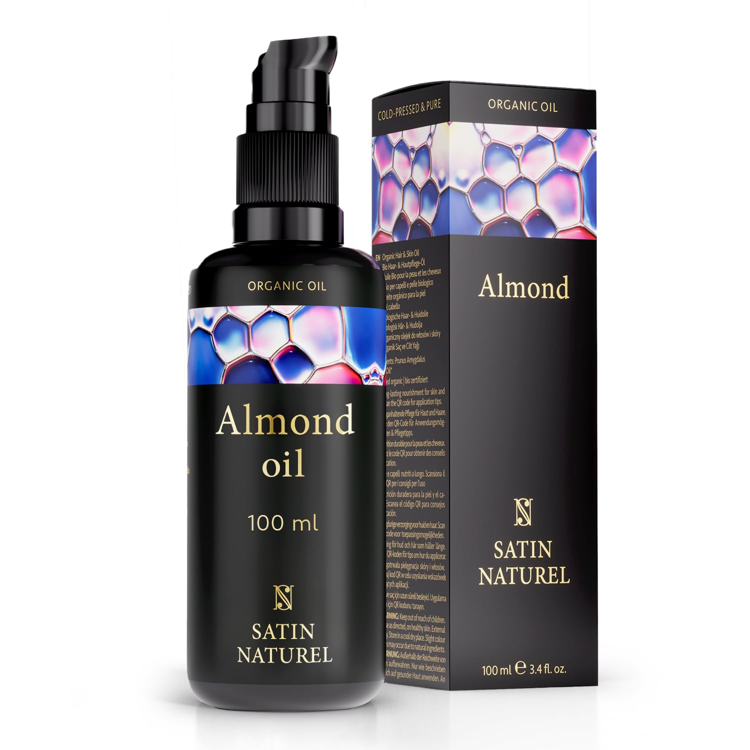 Satin Naturel Organic Almond Oil 100ml – Cold-Pressed Vegan Skincare Rich in Vitamins – 100% Pure Natural Oil for Soft Skin, Hair & Nails – Glass Bottle