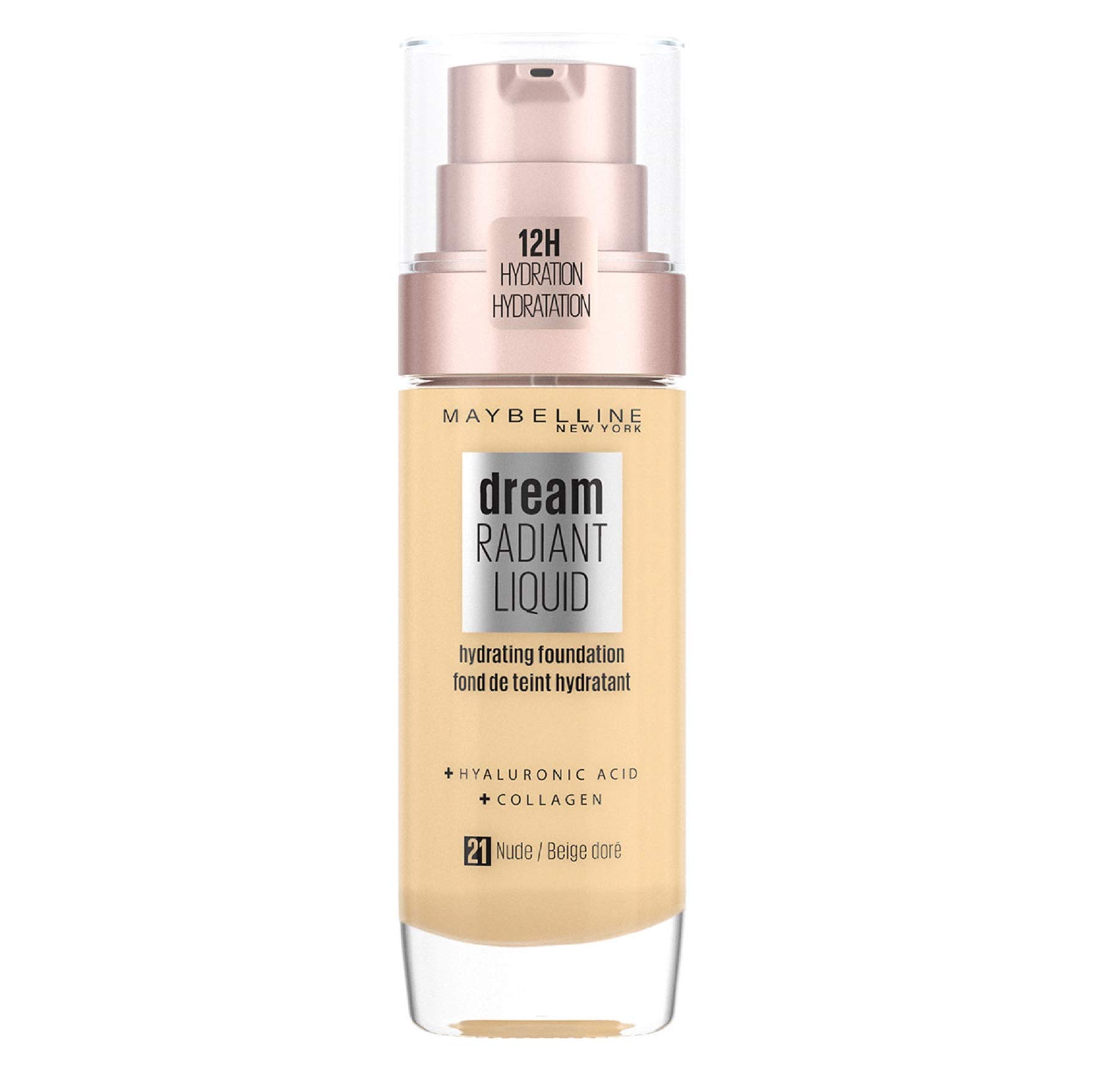 Maybelline Foundation, Dream Radiant Liquid Hydrating Foundation with Hyaluronic Acid and Collagen - Lightweight, Medium Coverage Up to 12 Hour Hydration, 21 Nude