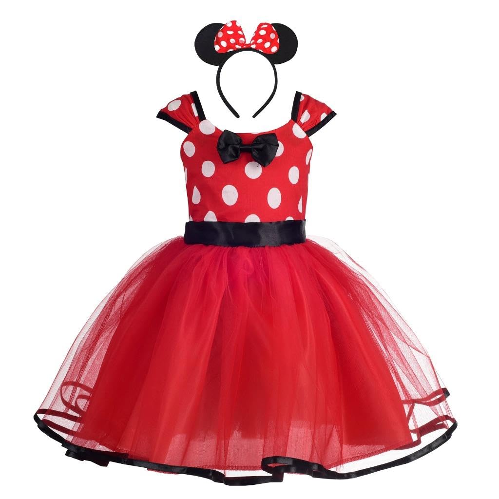Opgroeie Baby Girls Polka Dot Princess Dress with Ears Headband, Toddler & Little Girls Party Outfit, Cute Bowknot Tulle Fancy Dress Up Costume for Birthday, Halloween