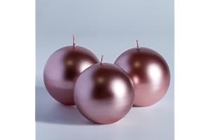 MOZEAL Hand-Poured, 3 Inch Rose Gold Round Ball Candles - Elegant Rose Gold Round Pillar Candles Set of 3, Dripless, Unscented, Smokeless, Ideal for Weddings and Elegant Celebrations.