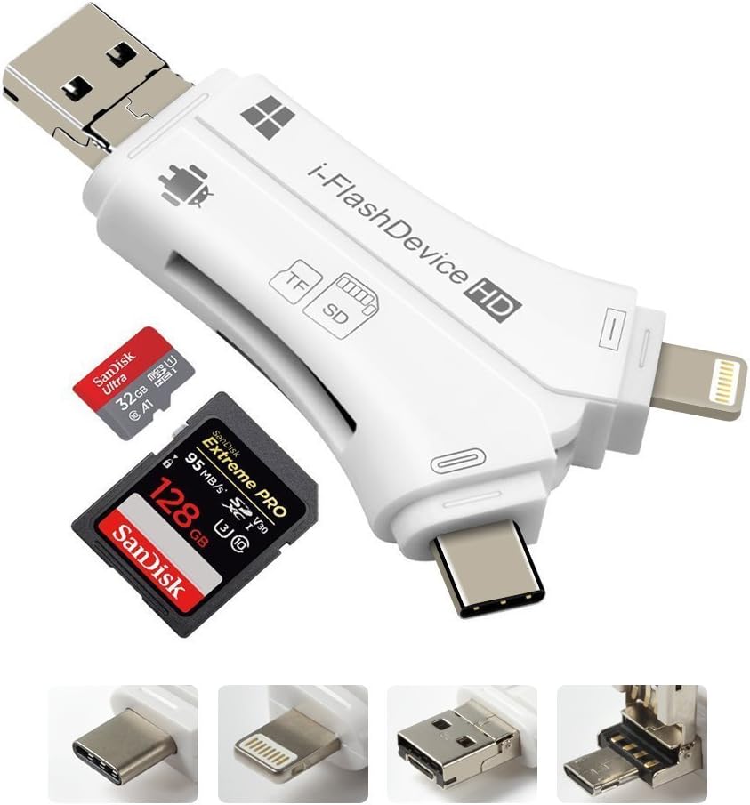JF 4 in 1 SD/TF Memory Card Reader, USB Flash Drive Card Adapter Lightning USB 2.0 Card Reader Micro SD/TF Card Reader with Lightning/Micro USB/Type-C Connector and OTG Adapter Function for Apple iPhone,iPad, New MacBook Pro and Android Smartphone (White)