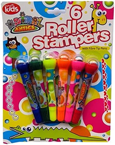 Children’s Roller Stamper Pens with Fibre Tip - Pack of 6 - Different Shapes and Colours - Animal Antics