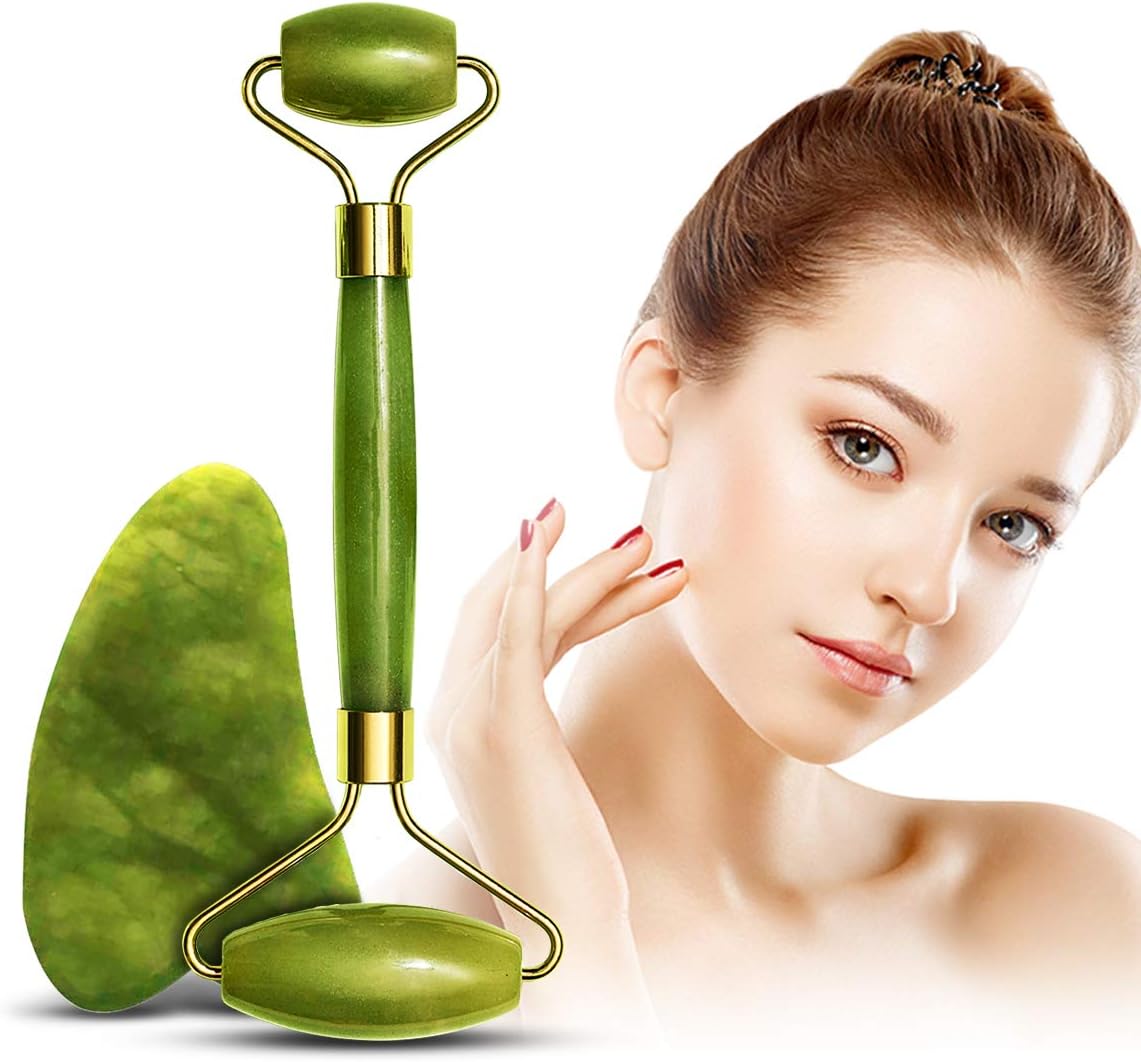 Jade Roller and Gua Sha Massage Tool for Face Neck Body , Natural Jade Stone Set for Slimming and Firming Skin ,Facial Roller for Rejuvenate Skin and Reduce Wrinkles Aging