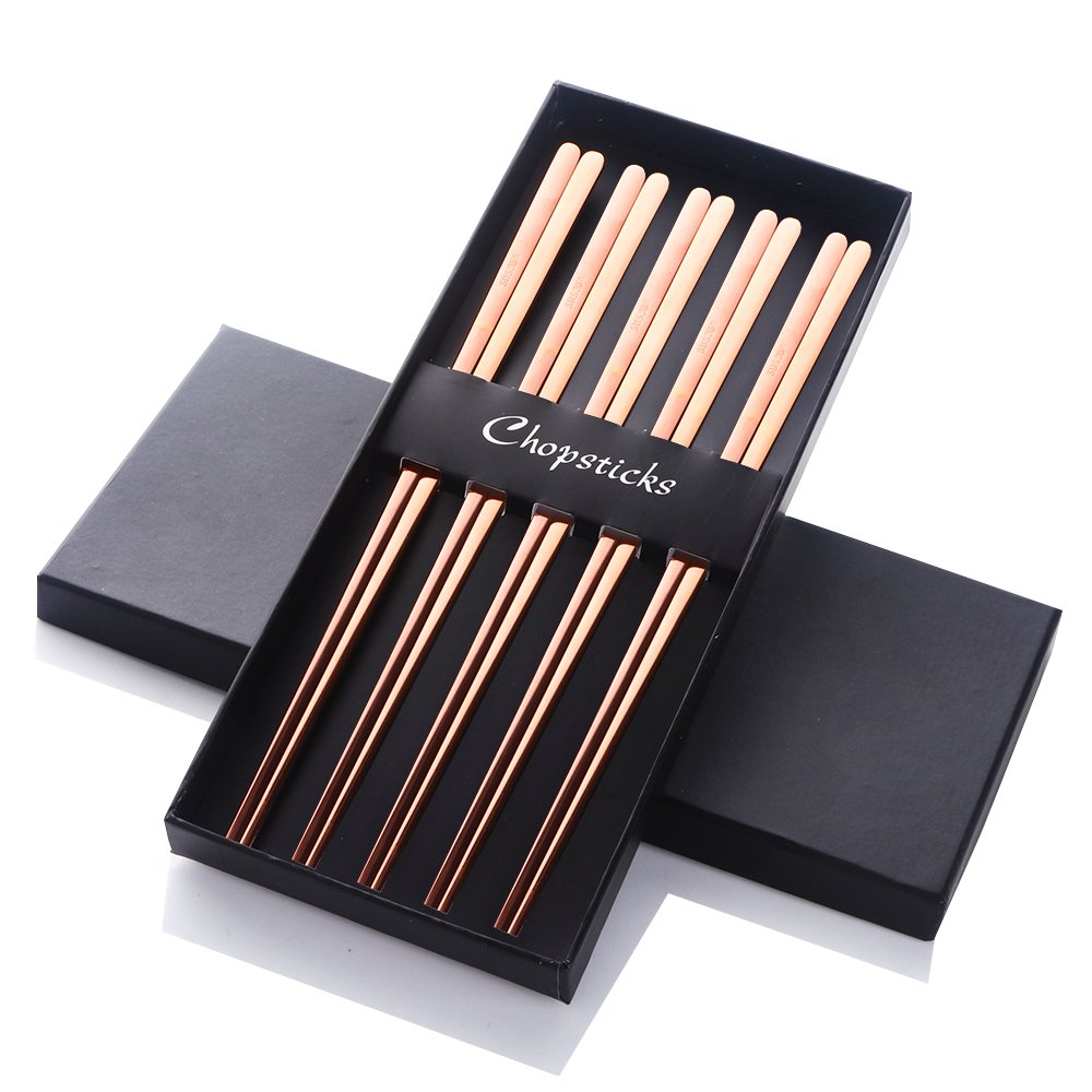 Buyer Star 5 Pairs Korean Chopsticks, Rose Gold Steel Metal Reusable Korean Chopstick, Length 9", 304 18/10 Stainless Steel