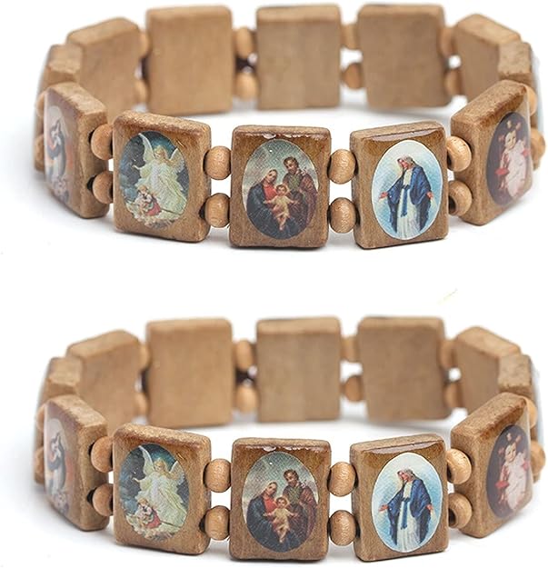 Heroicn Wooden Jesus Bracelet Elastic Stretch Bangle Strechable Small Panel Bracelet, Beaded