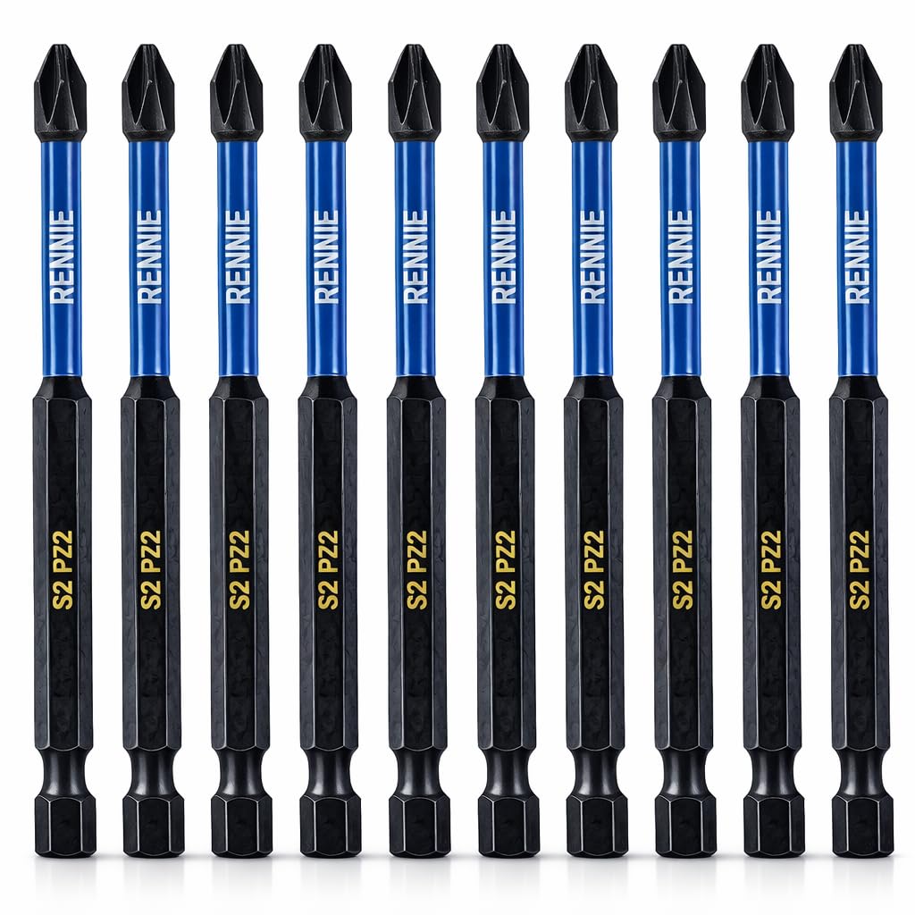 10 x Rennie Tools 100mm Long PZ2 Impact Screwdriver Driver Bits Set. Heavy Duty PoziDriv POZI No.2 Magnetic Screwdriver Bit Set. PZ2 Impact Driver Bits Pozidrive Screw Accessories. Black Oxide Coated