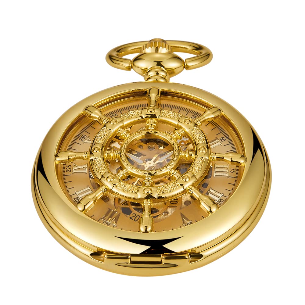 Tiong Classic Bright Gold Men's Mechanical Pocket Watch, Rudder Roman Numeral Pointer Mechanical Pocket Watch for Men