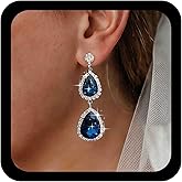 Allereyae Boho Sapphire Teardrop Earrings Silver Pear Sapphire Earrings Blue Crystal Dangle Earring Cz Water Drop Earring Blue Rhinestone Dangle Jewelry for Women