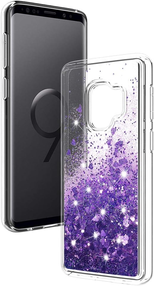 MASCHERI Case for Samsung Galaxy S9, Slim Shiny Bling Glitter Heart Cute Luxury Sparkly Crystal Liquid Quicksand Silicone Shockproof Protective Cover - Purple