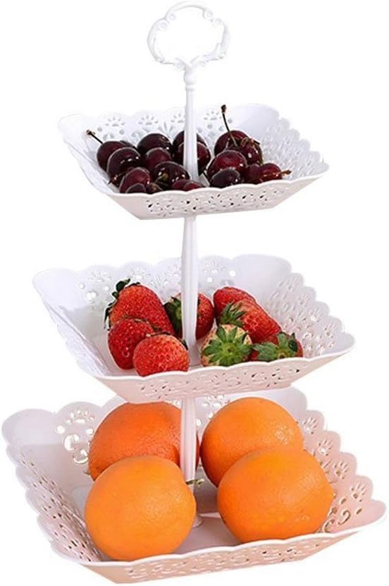 3-Tier Cake Stand and Fruit Plate Plastic Stand White for Cakes Desserts Fruits Candy Buffet Stand for Wedding & Home & Birthday Party Serving Platter (Square)