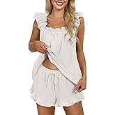 Sythyee Womens Pajama Sets 2 Piece Summer Pjs Sets Soft Sleepwear Tank Top and Shorts with Ruffle Trim, Loungewear Set