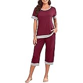 PrinStory Women's Pajama Set Short Sleeve Shirt and Capri Pants Sleepwear Pjs Sets Lounge Set