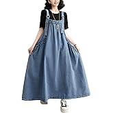 EXPOING Denim Jumper Dress for Women Loose Version Baggy Style Maxi Length Adjustable Straps Wide Hemline