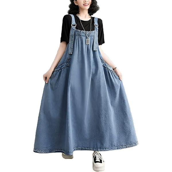 Denim Jumper Dress for Women Maxi Loose Adjustable Straps Long Jean Dresses  Plus Size Overall Dress with Pockets at Amazon Women's Clothing store