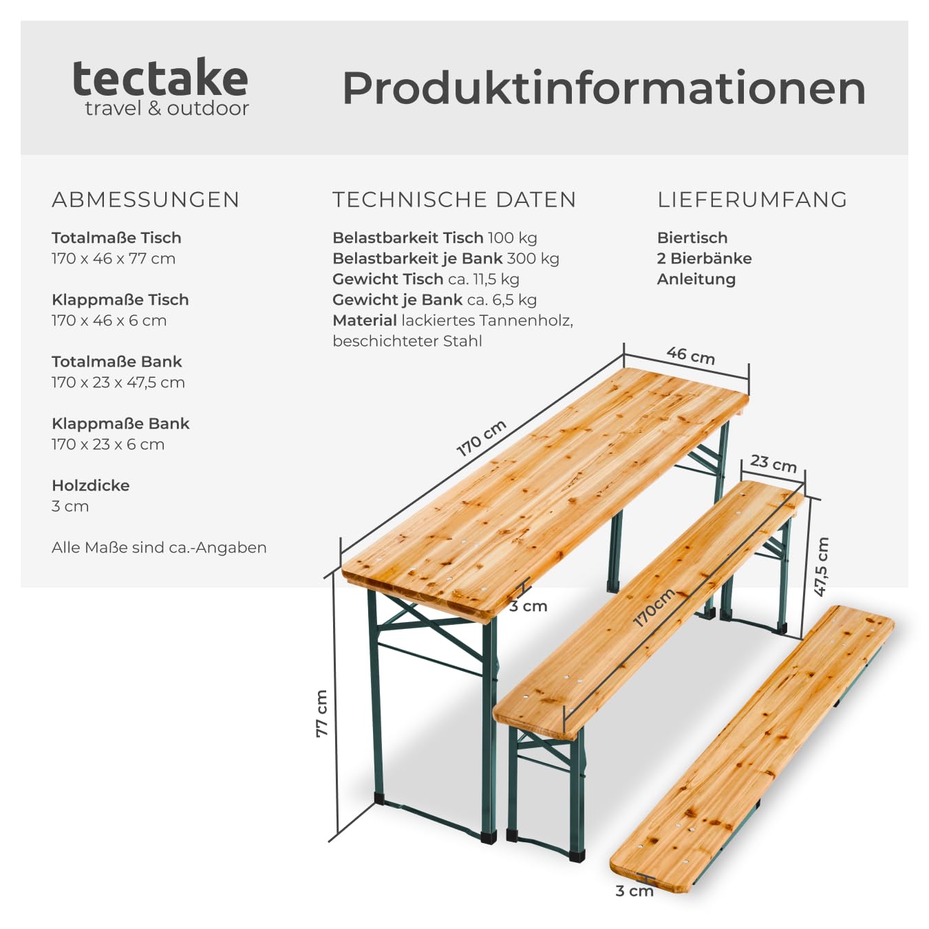 tectake® Bierzeltgarnitur klappbar, Biertisch Klapptisch mit 2X Bierbank, Gartenmöbel Set, Camping Zubehör, Klapptisch Esstisch, Camping Tisch faltbar, Balkontisch, Campingtisch klappbar 6