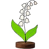Lily of Valley Stained Glass Decor, Handmade Real Stained Glass Lily of Valley Flower Suncatchers with Walnut Wood Base, Cute Desk Windowsill Decor Plant Gifts for Women,Mom,Plant Lovers (White)