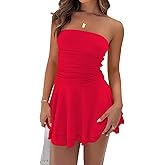 Women Sexy Tube Top Silk Dress Strapless Ruched Basque Waist Ruffle Layer Mini Dress Jumpsuit Party Dresses