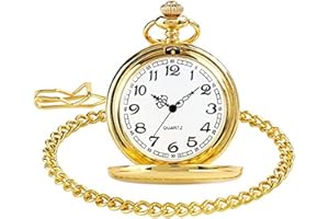 LingsFire Classic Smooth Vintage Pocket Watch Sliver Steel Men Quartz Watch Womens Watch with Chain Xmas Fathers Day Gift (Go