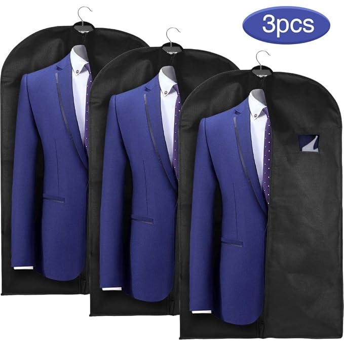 Funda Protectora de Ropa 3pcs 128 * 60 cm Papel Resistente al Polvo para Colgar la Ropa Bolsas de Ropa Vestido Fundas para Trajes con Armario de Ventana de PVC para Viaje Color Negro 3 Unidades