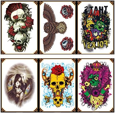 VanTattoo (6Sheets) Fashion Body Art Stickers Removable Waterproof Temporary Tattoo –Skull, eagle, animal world, moonlight girls and dragons