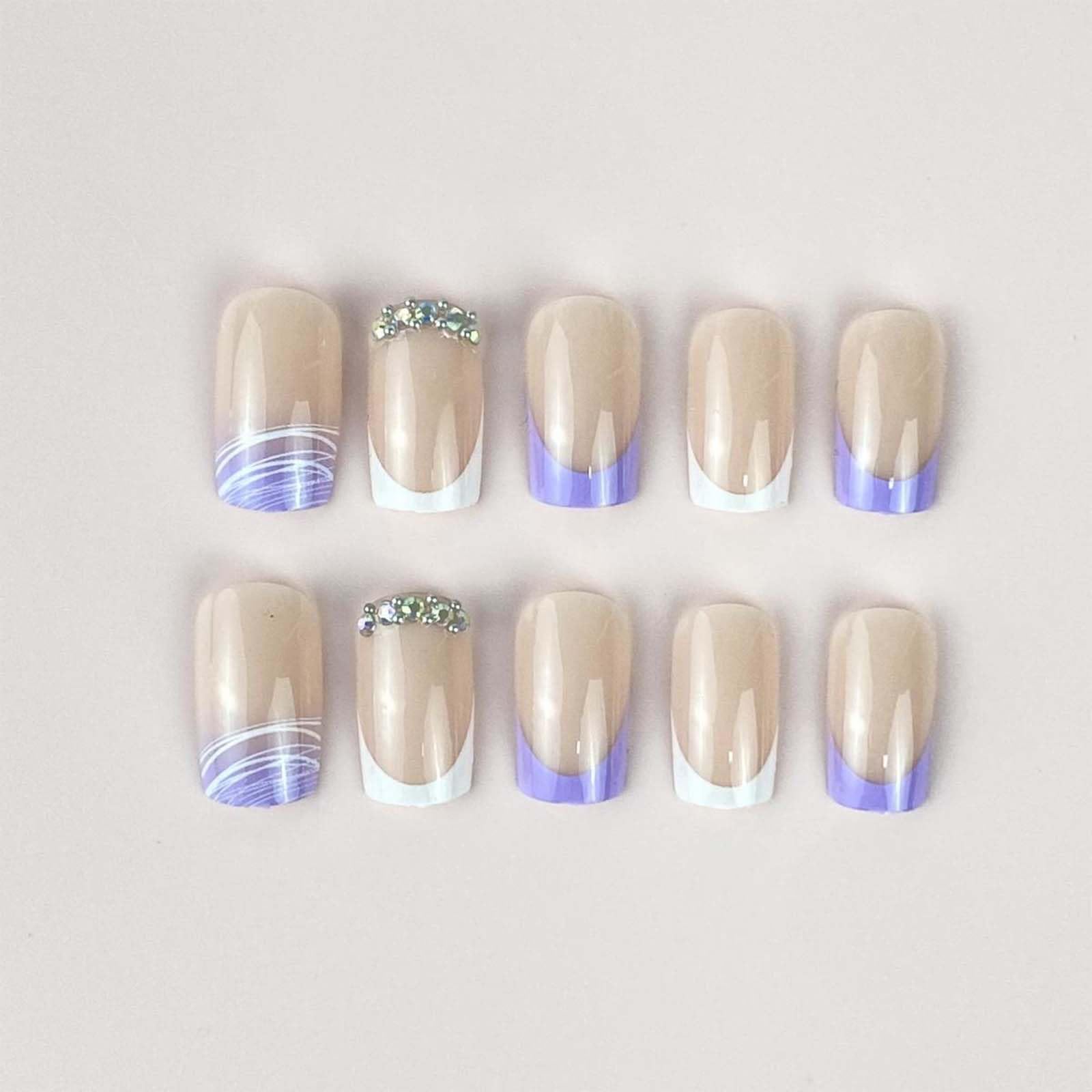 Purple Press on Nails Medium Square Fake Nails French Tip with Glitter Design Rhinestone Glue on Nails Glossy Full Cover Artificial Acrylic Stick on Nails for Women Girls Manicure 24Pcs - Image 3