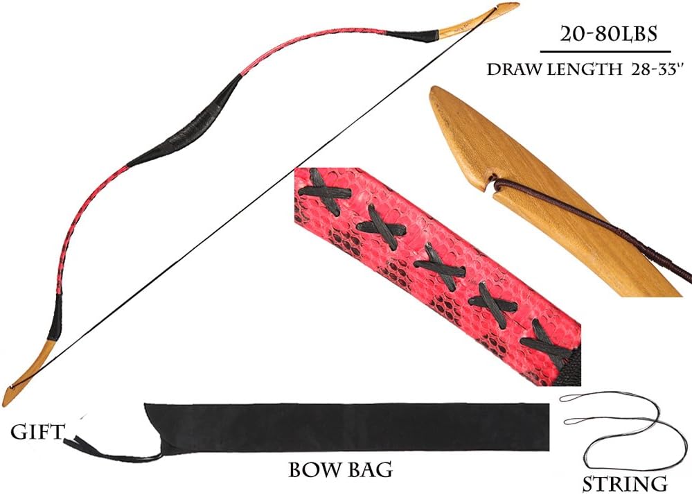 PG1ARCHERY Traditional Longbow Archery Recurve Bow Handmade Snakeskin One Piece Horsebow for Targeting Practice Hunting 20-80lbs
