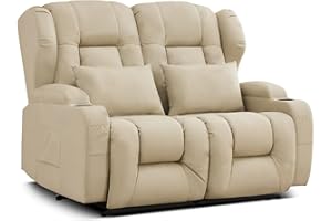 TUNYI 54.3" Loveseat Recliner Sofa - Manual Reclining Loveseat Faux Leather Home Theater Seating with Cup Holder/Pillow for Living Room, Apartment (Beige, Loveseat)