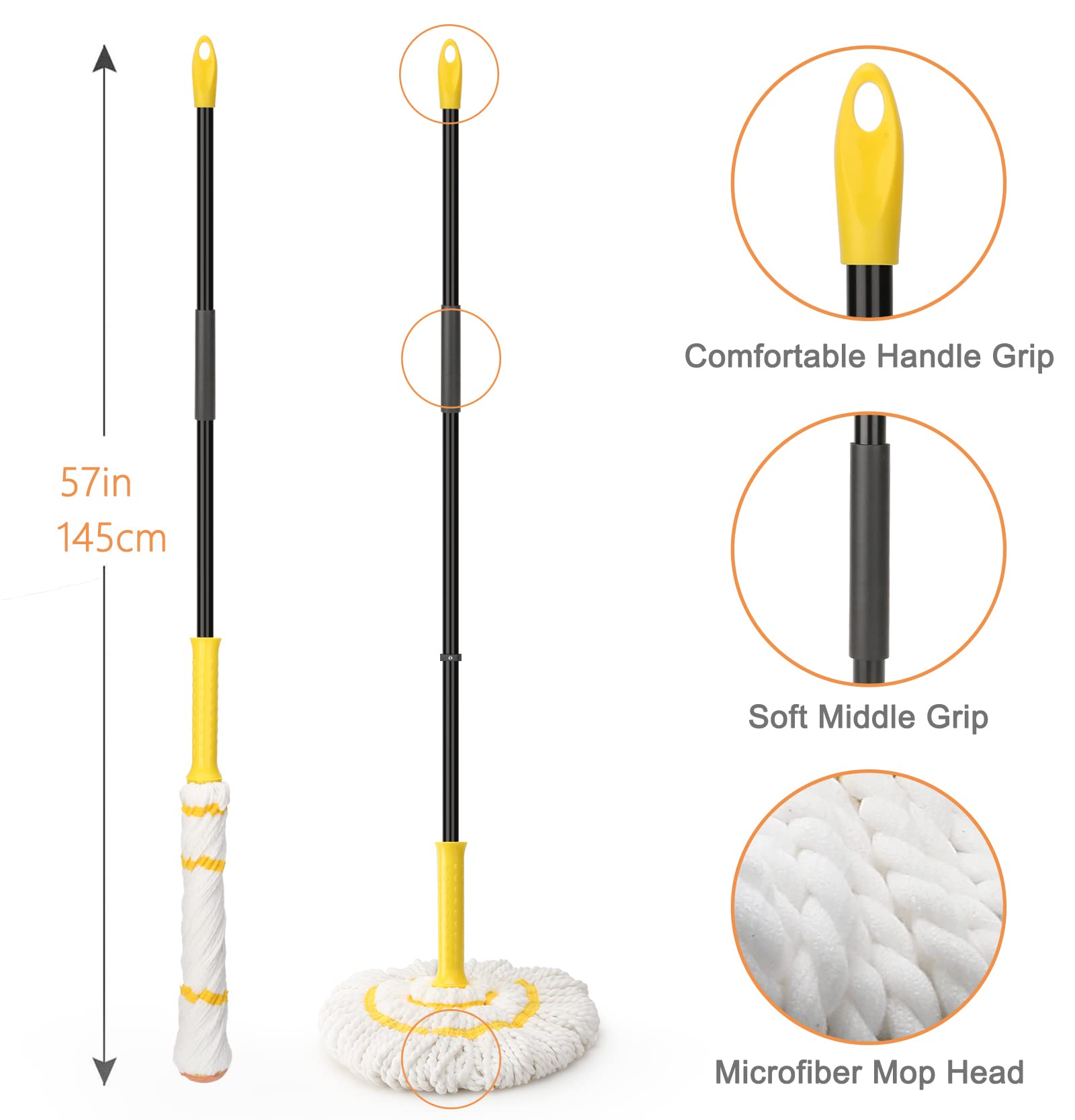 KeFanta Self-Wringing Twist Mop for Floor Cleaning, Long Handled Microfiber Floor Mop with Top Scouring Pad for Kitchen, Hardwood, Restaurant, Bathroom, Garages, Warehouses, Office,57-inch